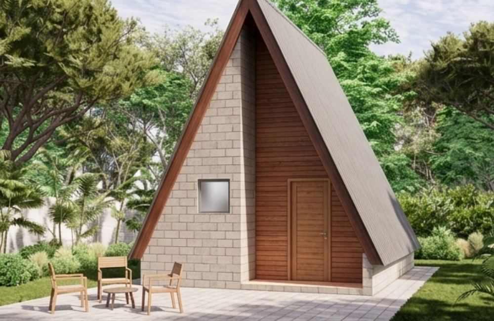 Chalé pré-fabricado com porta de madeira e área externa