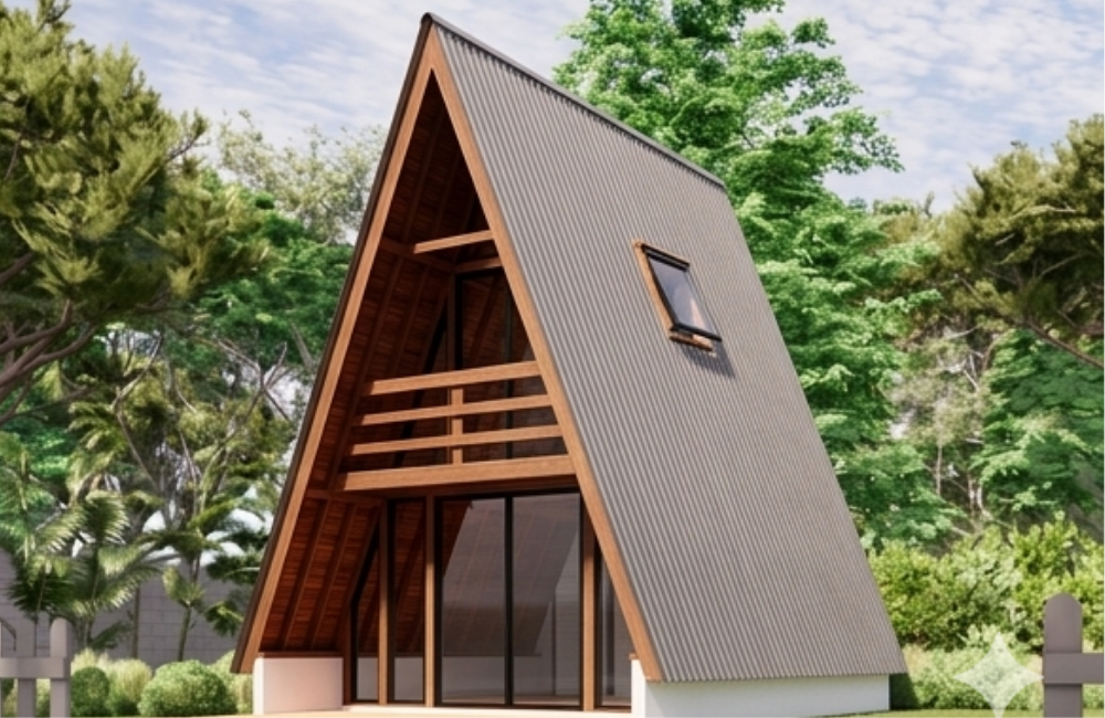 Chalé pré-fabricado A-frame com fachada de vidro no litoral do Paraná