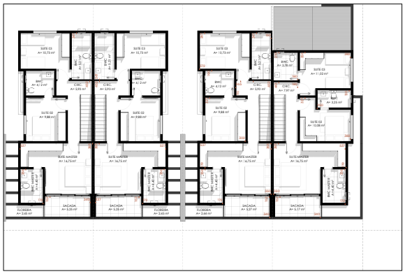 Planta baixa pavimento superior — Residencial Meia Nau Pontal do Sul: 3 suítes, suíte master com closet e sacada
