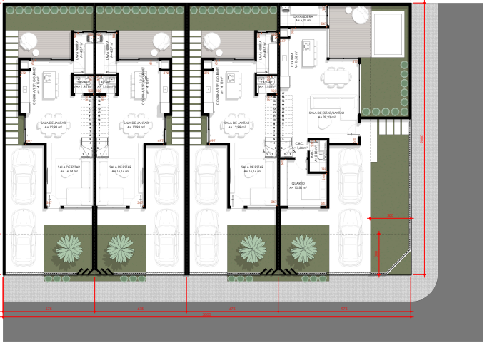 Planta baixa pavimento térreo — Residencial Meia Nau Pontal do Sul: garagem, sala, cozinha, churrasqueira, jardim